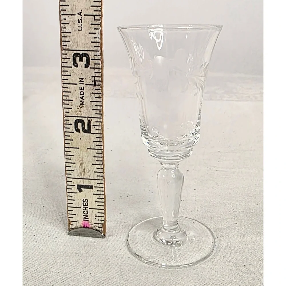 Vtg. Etched Crystal Cordial Glasses Set of 6 Floral Leaf Stemware 3.75 Inch 1 oz